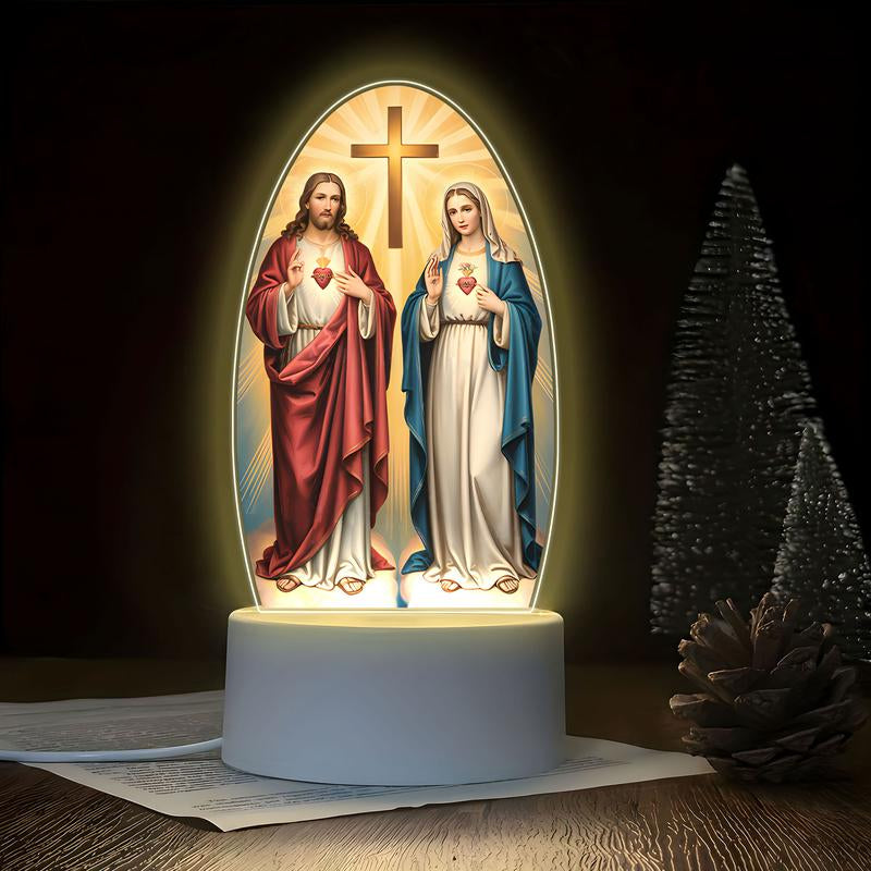 LED Acrylic Night Light with Sacred Heart and Immaculate Mary Cross, USB Powered Bedside Lamp, Indoor Decorative Light, Home Prayer Room Gift, Decorative Ambiance Lighting