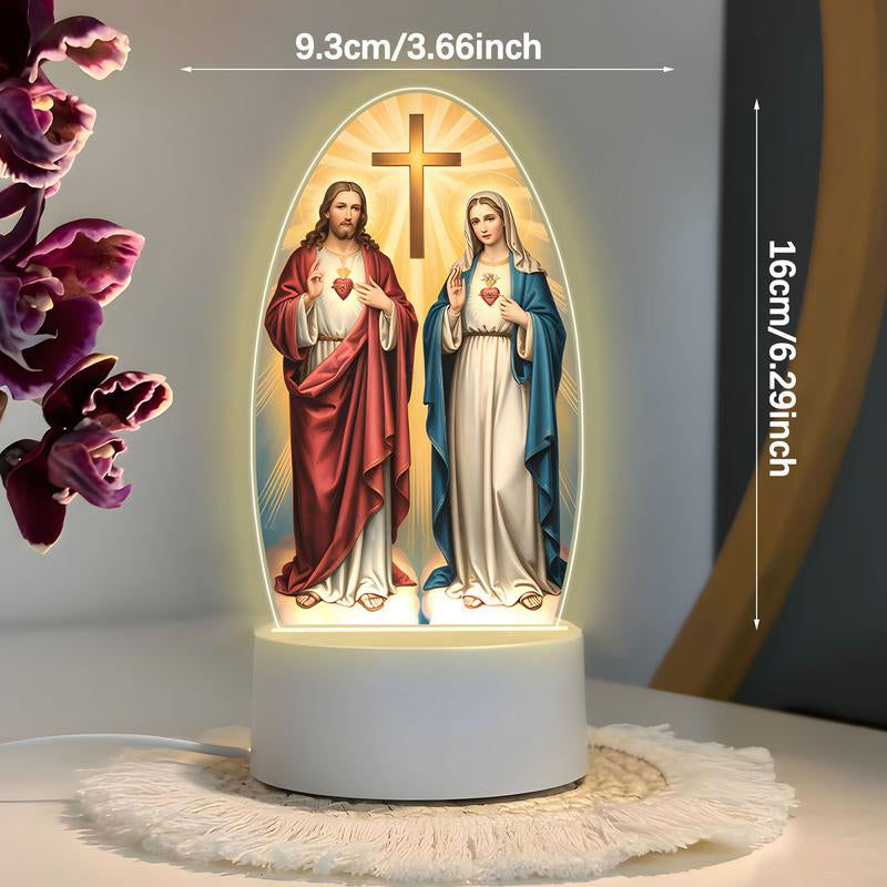 LED Acrylic Night Light with Sacred Heart and Immaculate Mary Cross, USB Powered Bedside Lamp, Indoor Decorative Light, Home Prayer Room Gift, Decorative Ambiance Lighting