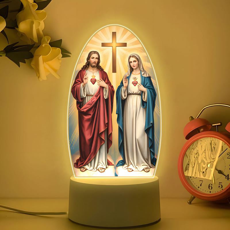 LED Acrylic Night Light with Sacred Heart and Immaculate Mary Cross, USB Powered Bedside Lamp, Indoor Decorative Light, Home Prayer Room Gift, Decorative Ambiance Lighting