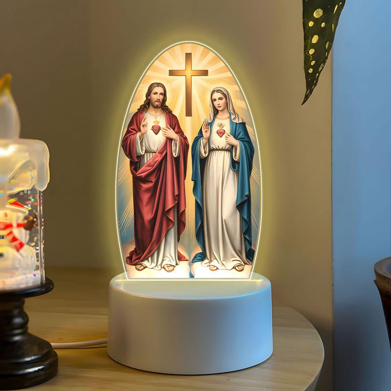 LED Acrylic Night Light with Sacred Heart and Immaculate Mary Cross, USB Powered Bedside Lamp, Indoor Decorative Light, Home Prayer Room Gift, Decorative Ambiance Lighting