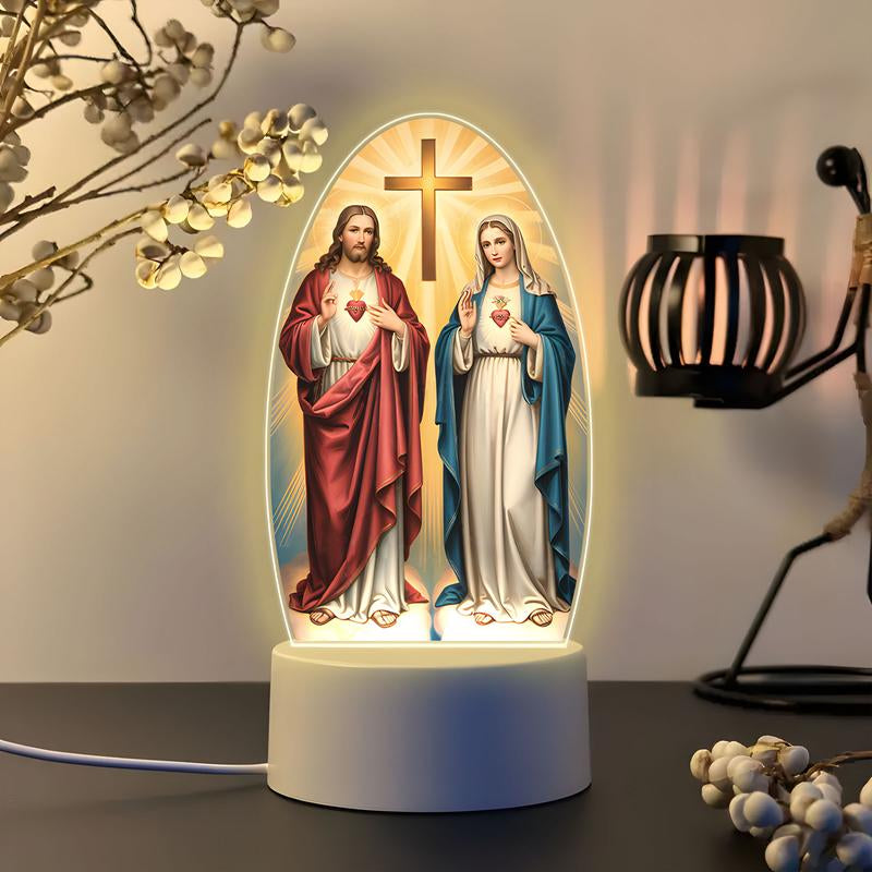 LED Acrylic Night Light with Sacred Heart and Immaculate Mary Cross, USB Powered Bedside Lamp, Indoor Decorative Light, Home Prayer Room Gift, Decorative Ambiance Lighting