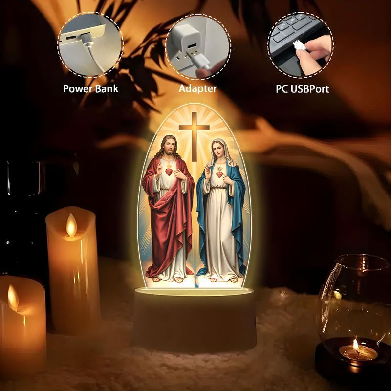 LED Acrylic Night Light with Sacred Heart and Immaculate Mary Cross, USB Powered Bedside Lamp, Indoor Decorative Light, Home Prayer Room Gift, Decorative Ambiance Lighting