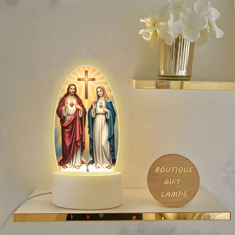 LED Acrylic Night Light with Sacred Heart and Immaculate Mary Cross, USB Powered Bedside Lamp, Indoor Decorative Light, Home Prayer Room Gift, Decorative Ambiance Lighting